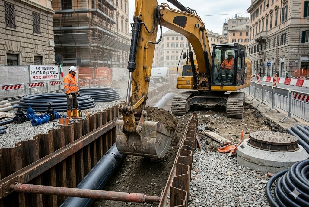 Escavatore operativo in cantiere stradale